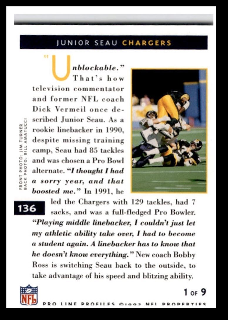 1992 Pro Line Profiles 1992 National Convention Junior Seau , San Diego Chargers