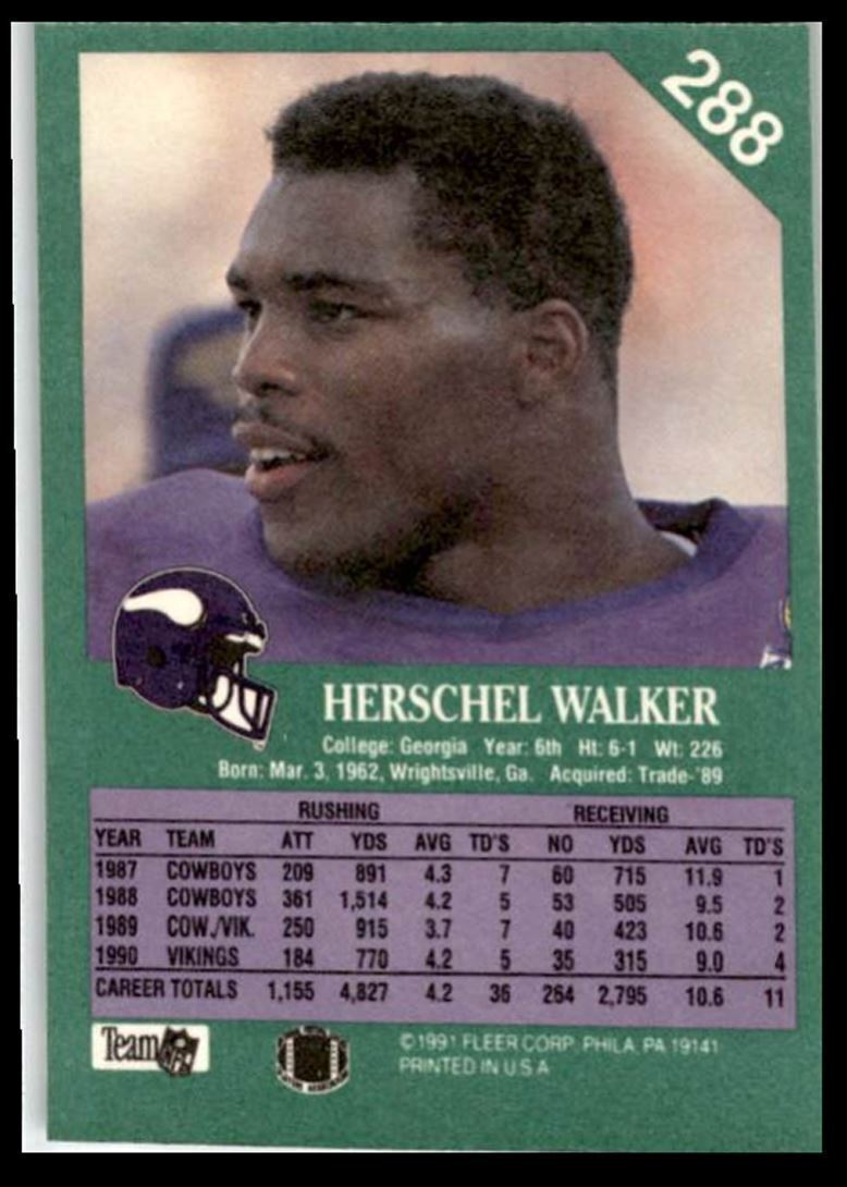 1991 Fleer Herschel Walker _ Minnesota Vikings #288