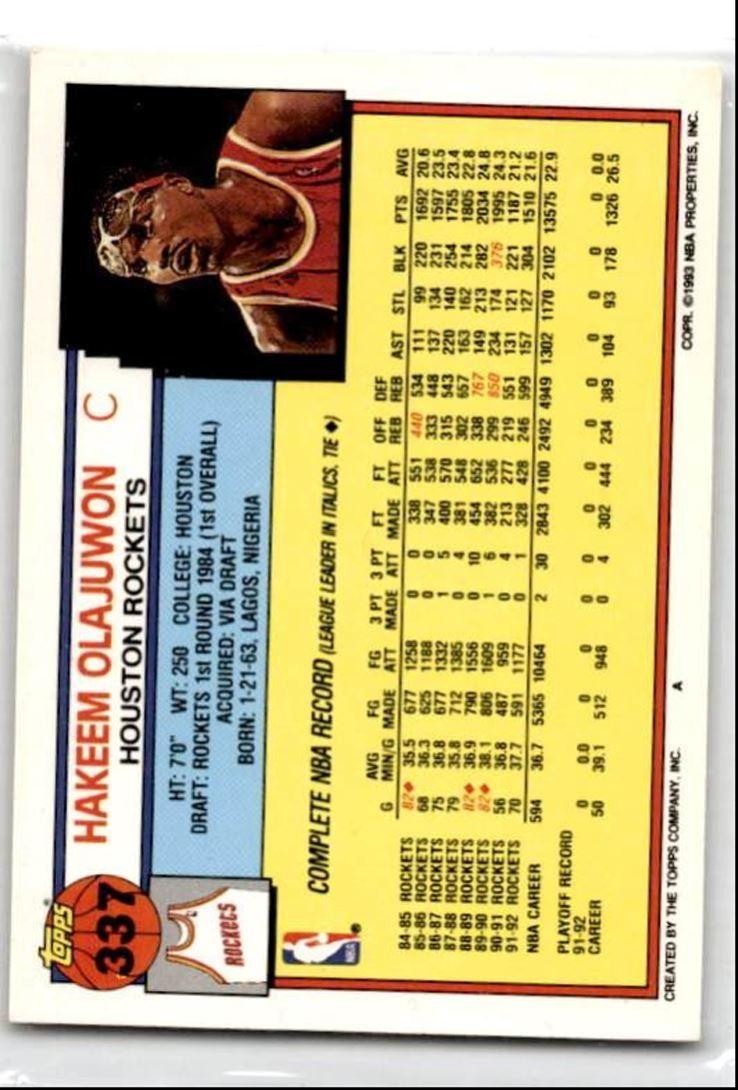 1992-93 Topps Hakeem Olajuwon Houston Rockets #337