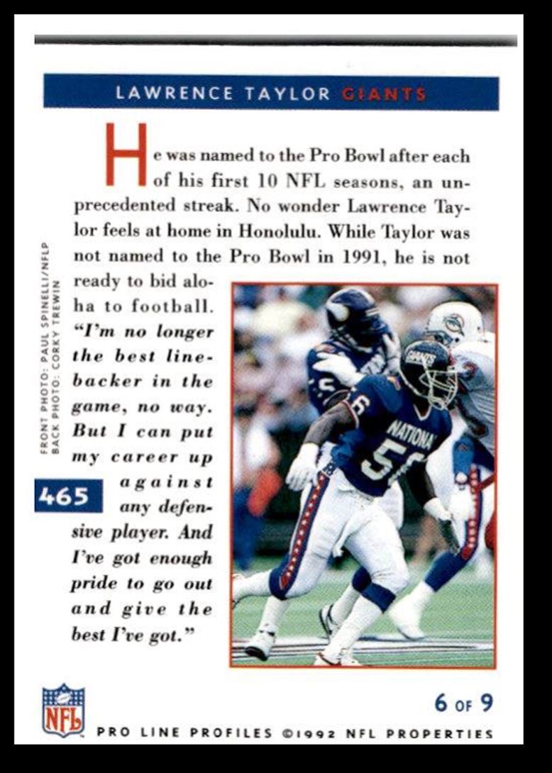1992 Pro Line Profiles Lawrence Taylor New York Giants #465