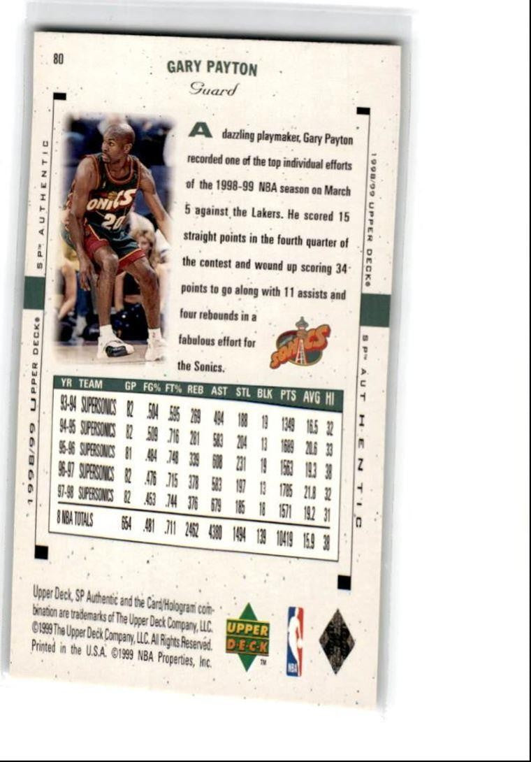 1998-99 SP Authentic Gary Payton HOF Seattle SuperSonics #80