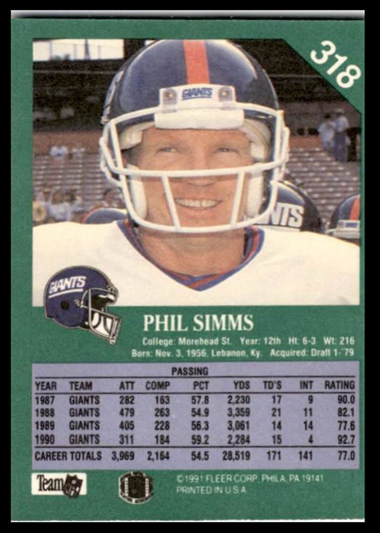 1991 Fleer Phil Simms New York Giants #318