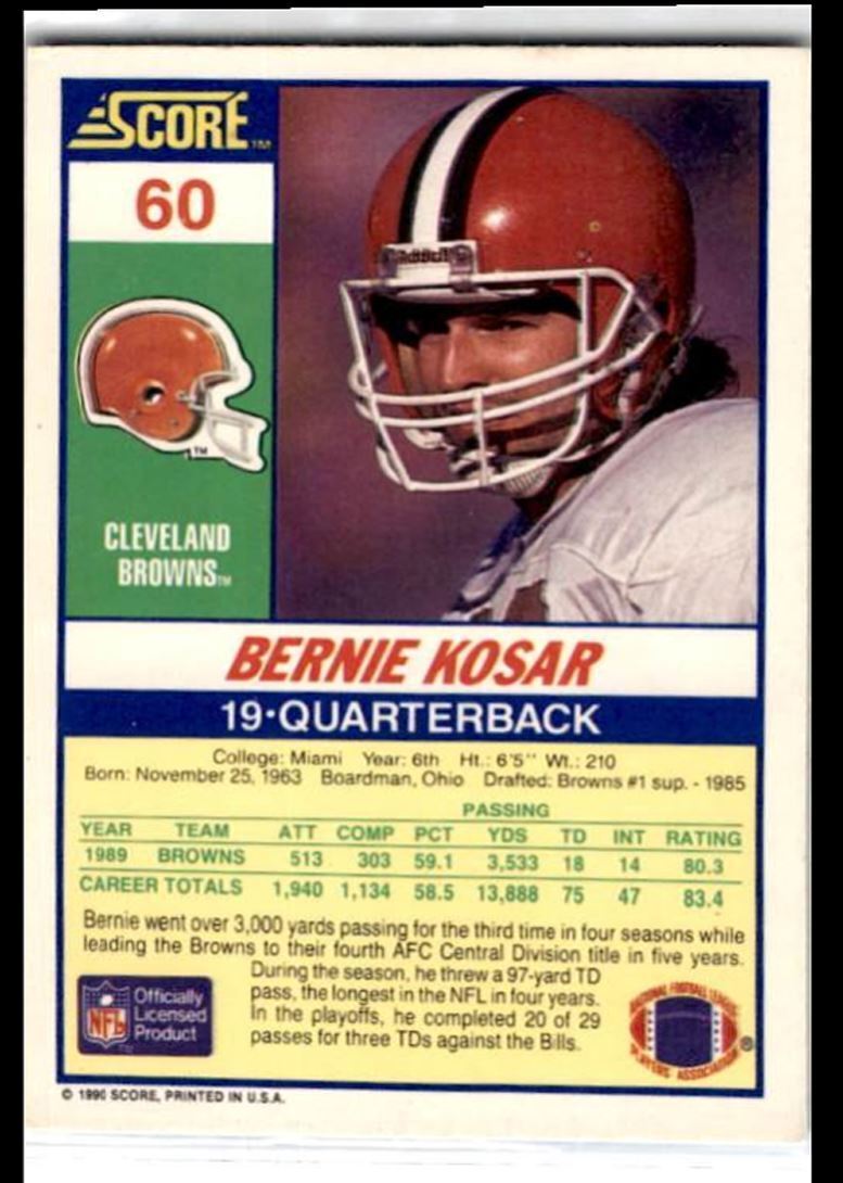1990 Score Bernie Kosar Cleveland Browns #60