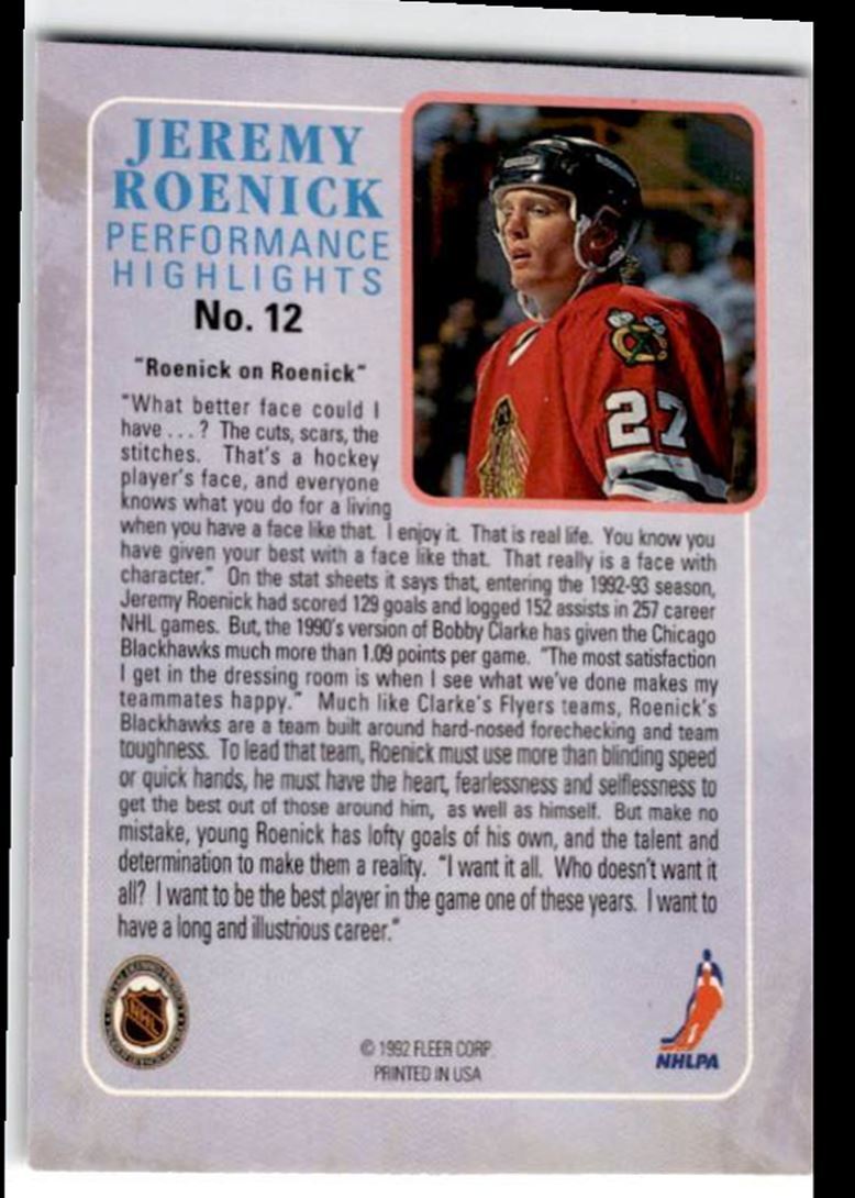 1992-93 Ultra Jeremy Roenick Performance Highlights Jeremy Roenick Chicago