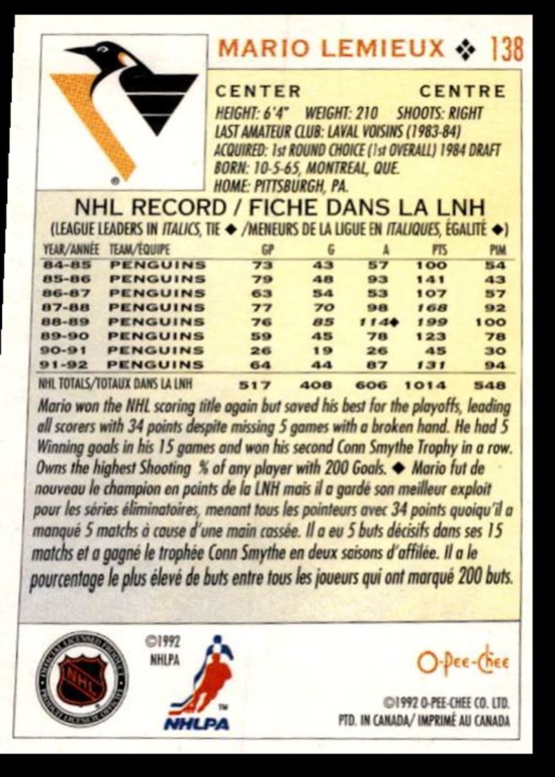 1992-93 O-Pee-Chee Mario Lemieux Pittsburgh Penguins #138