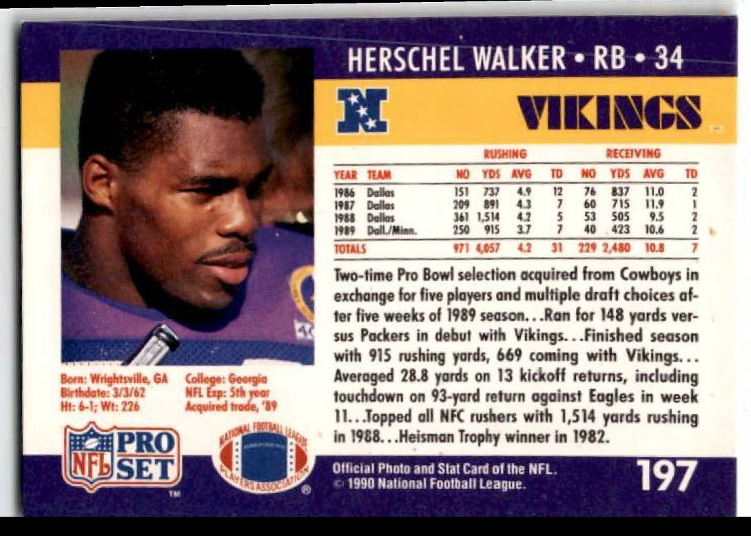 1990 Pro Set Herschel Walker Minnesota Vikings #197