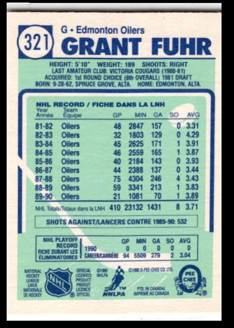 1990-91 O-Pee-Chee Grant Fuhr a Edmonton Oilers #321