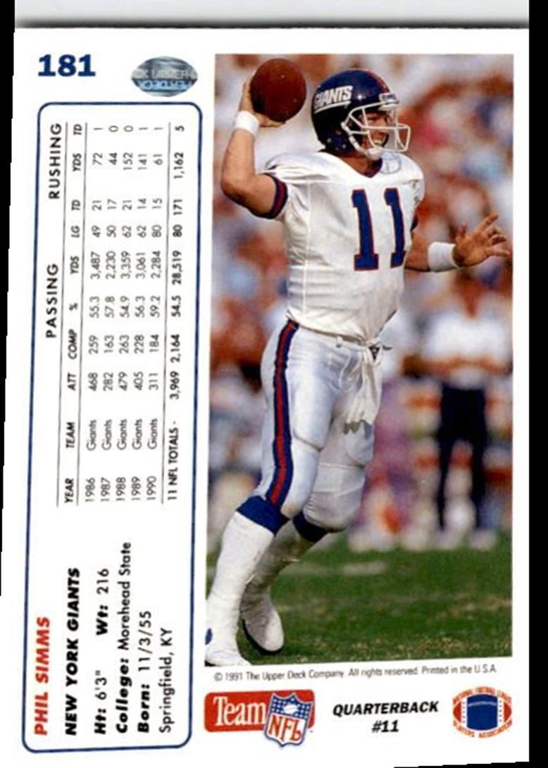 1991 Upper Deck Phil Simms New York Giants #181