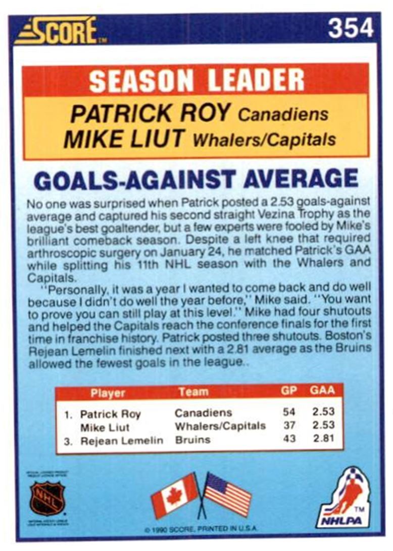 1990-91 Score Patrick Roy/Mike Liut HOF Montreal Canadiens/Washington Capitals