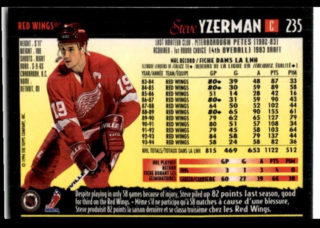 1994-95 Topps Premier Steve Yzerman Detroit Red Wings #235