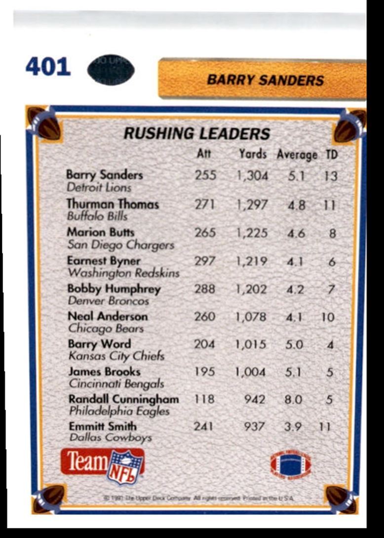 1991 Upper Deck Barry Sanders , Detroit Lions #401