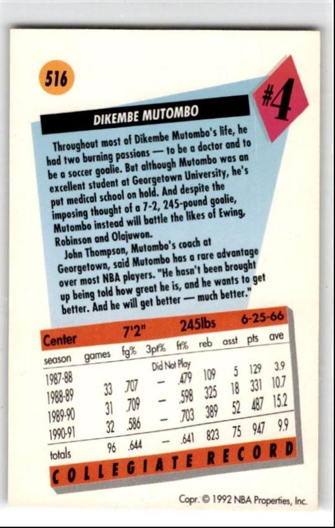 1991-92 SkyBox Dikembe Mutombo Rookie Denver Nuggets #516