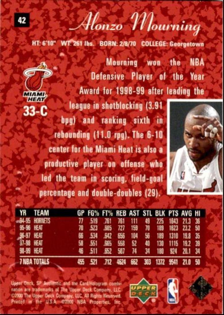 1999-00 Upper Deck Black Diamond Alonzo Mourning Miami Heat #42