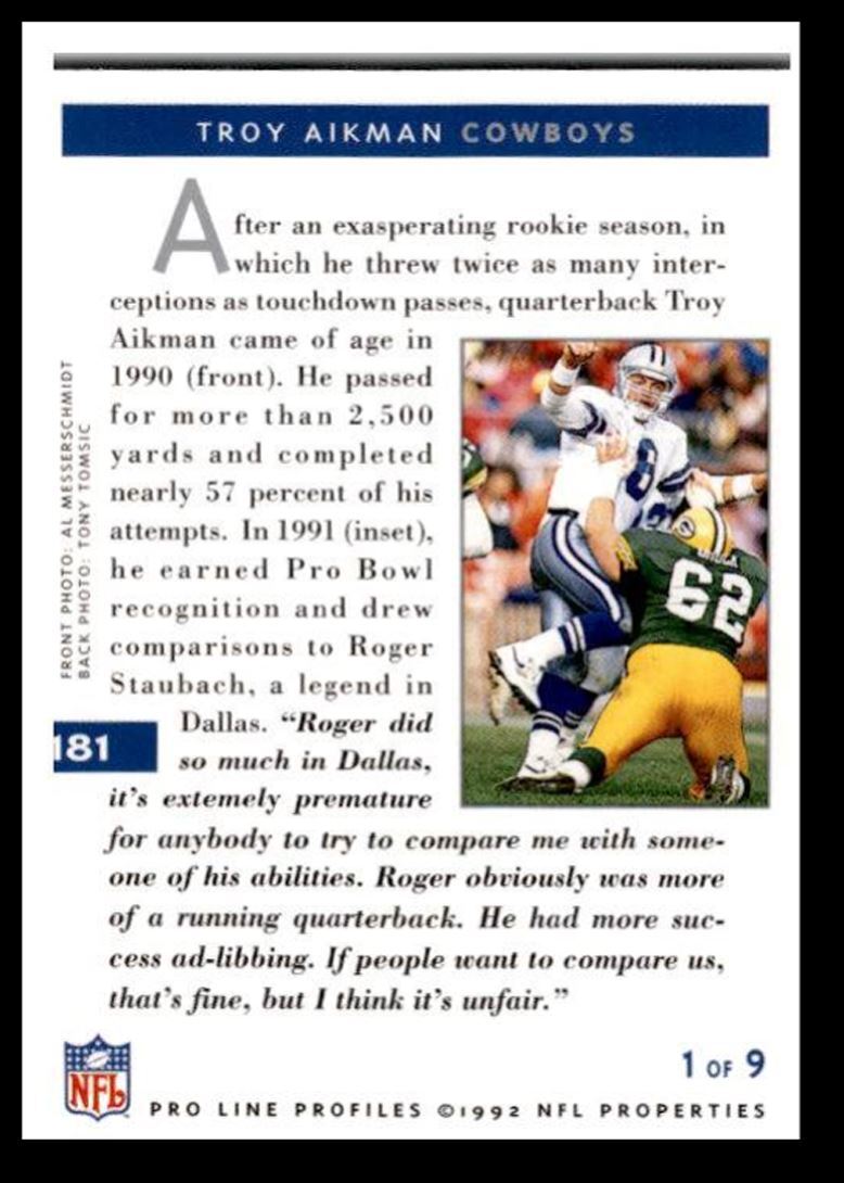 1992 Pro Line Profiles Troy Aikman Dallas Cowboys #181
