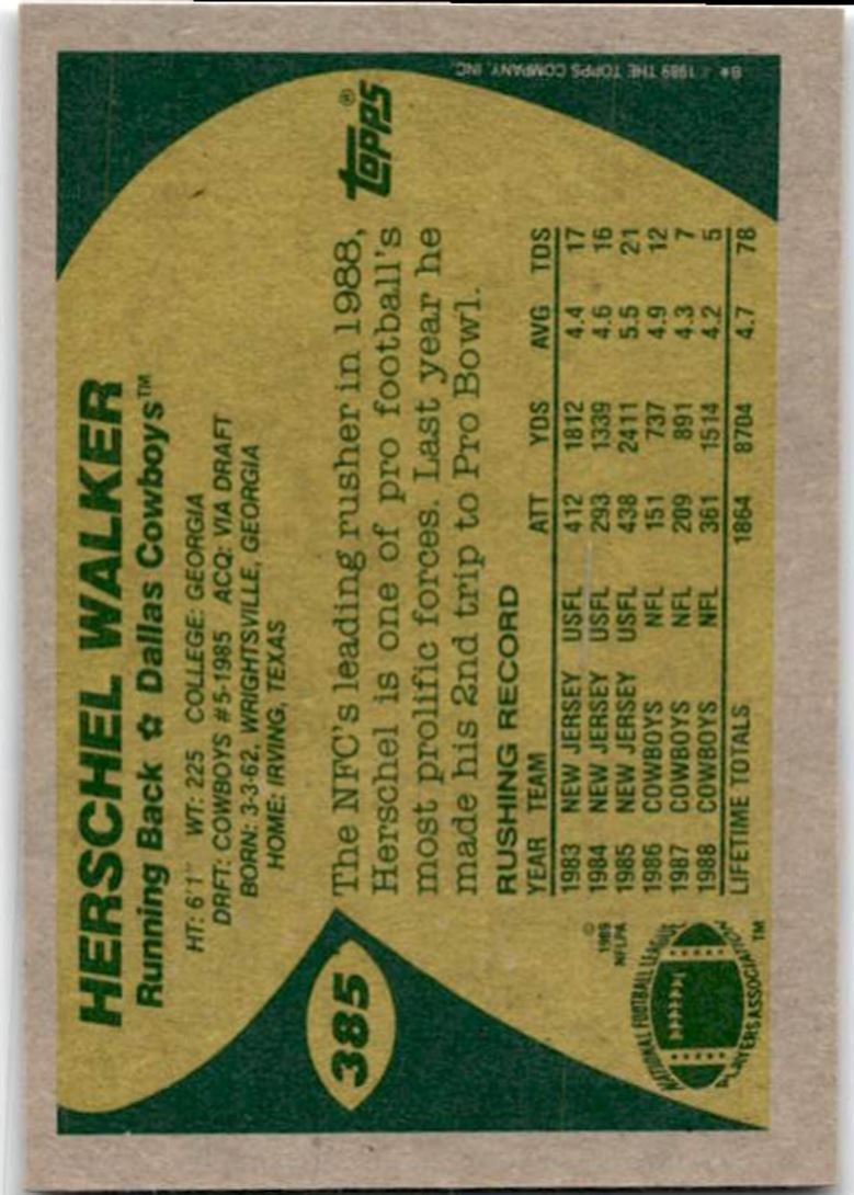 1989 Topps Herschel Walker . Dallas Cowboys #385