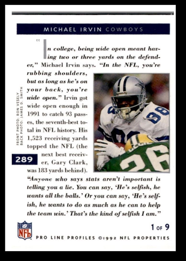 1992 Pro Line Profiles Michael Irvin ,, Dallas Cowboys #289