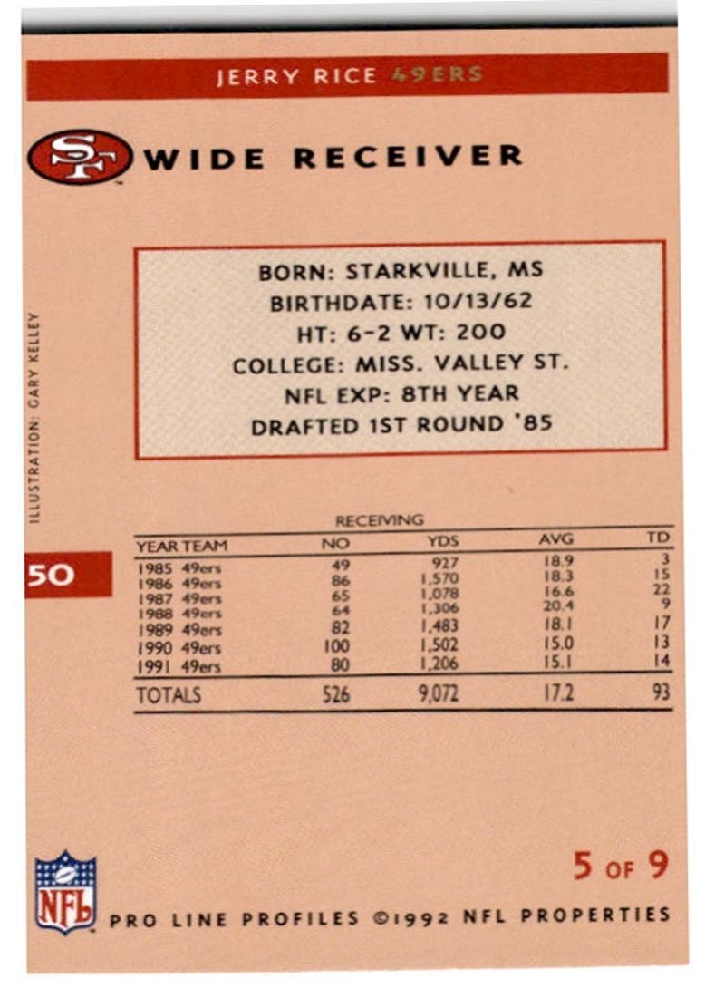 1992 Pro Line Profiles Jerry Rice San Francisco 49ers #50