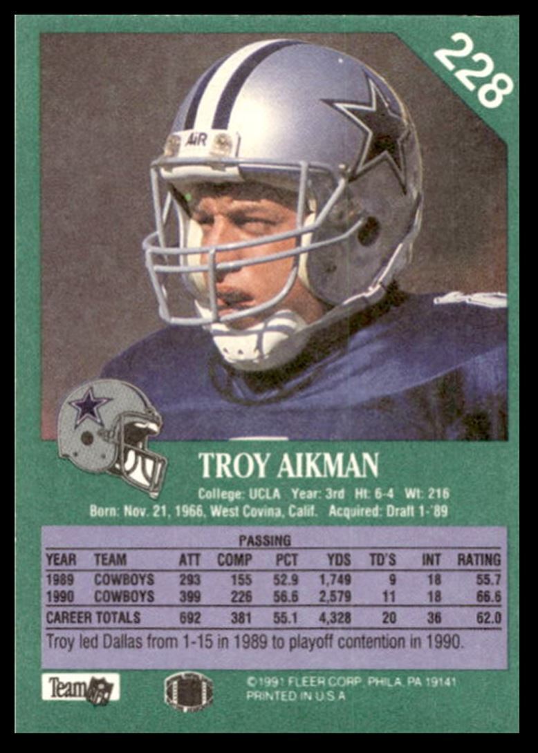 1991 Fleer Troy Aikman .. Dallas Cowboys #228