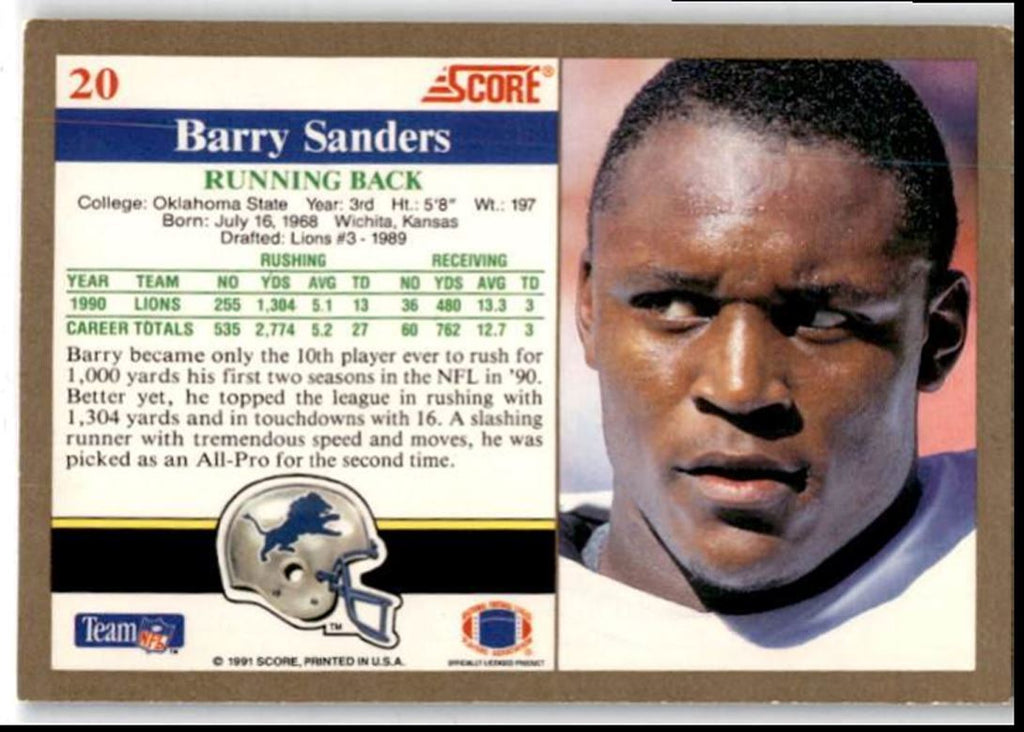 1991 Score Barry Sanders Detroit Lions #20