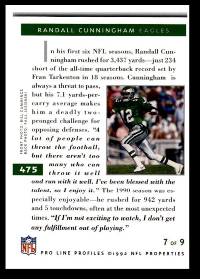 1992 Pro Line Profiles Randall Cunningham Philadelphia Eagles #475