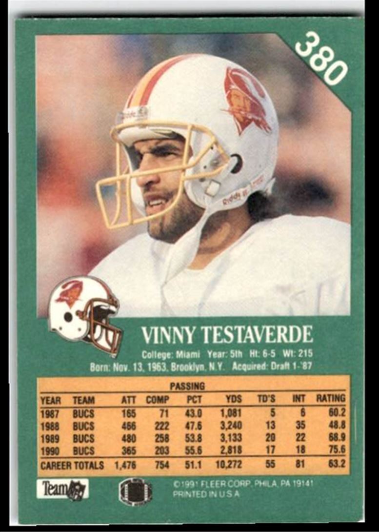 1991 Fleer Vinny Testaverde . Tampa Bay Buccaneers #380