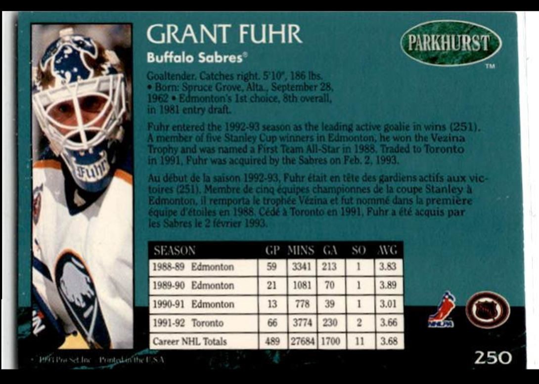 1992-93 Parkhurst Grant Fuhr Buffalo Sabres #250