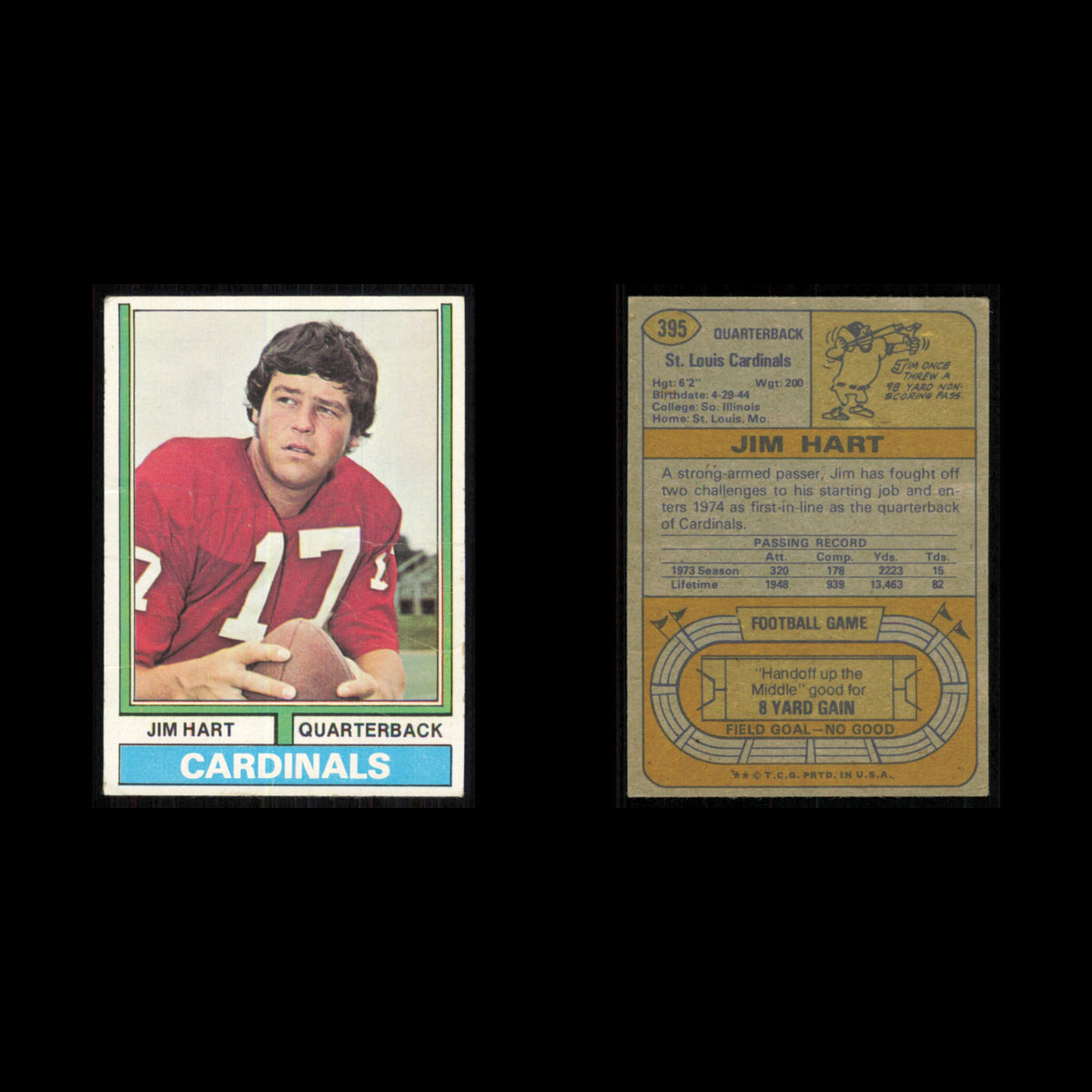 Jim Hart #395 1974 Topps St. Louis Cardinals Football Card NFL Poor Damaged