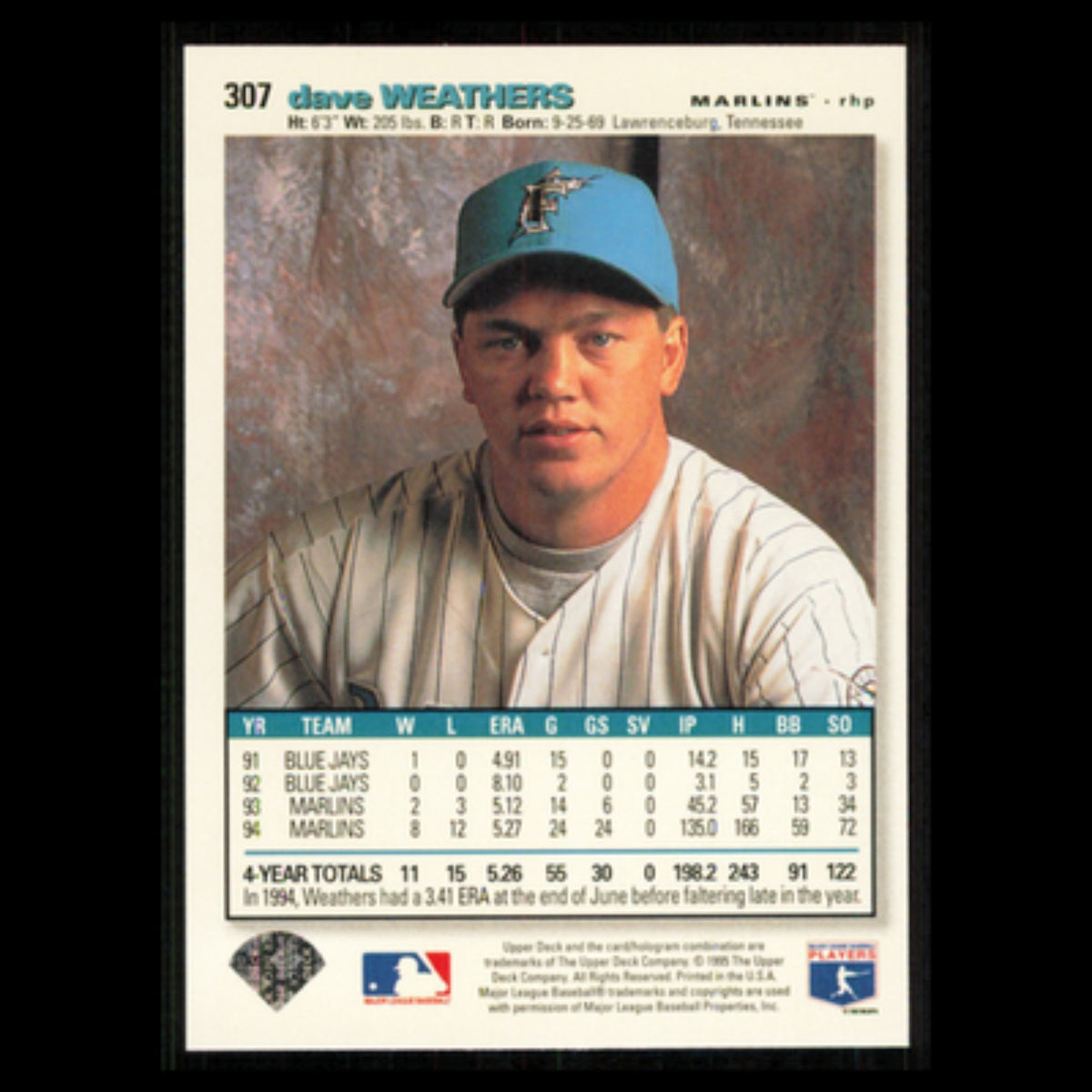 Dave Weathers #307 1995 Upper Deck Collectors Choice Florida Marlins Baseball NM