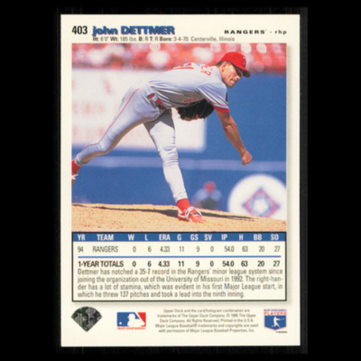 John Dettmer #403 1995 Upper Deck Collectors Choice Texas Rangers Baseball Card