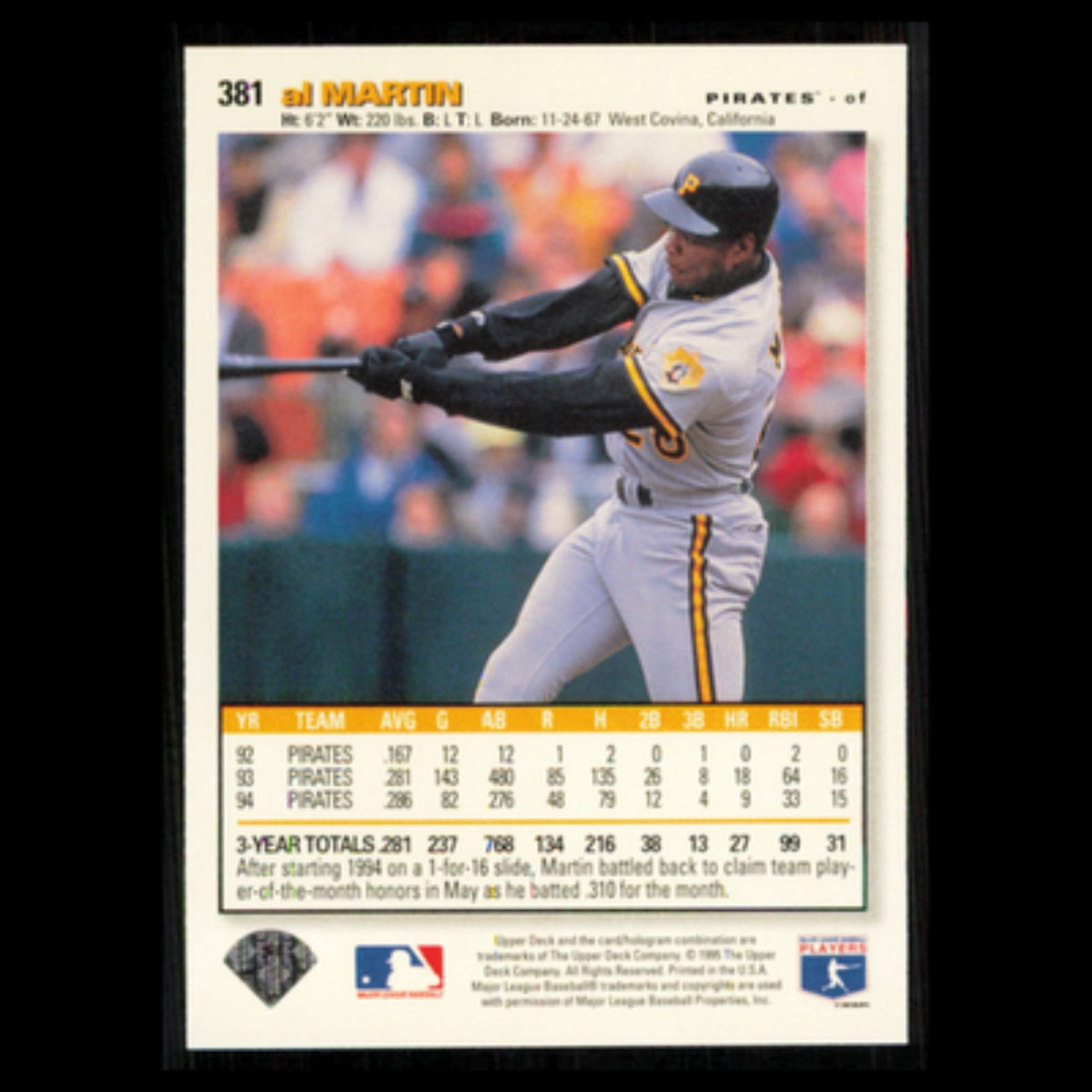 Al Martin #381 1995 Upper Deck Collectors Choice Pittsburgh Pirates Baseball MLB