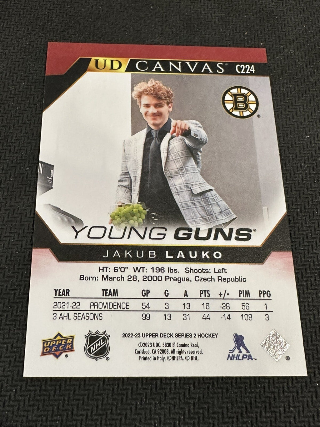 2022-23 UD Series 2 Canvas Young Guns #C224 Jakub Lauko - Boston Bruins