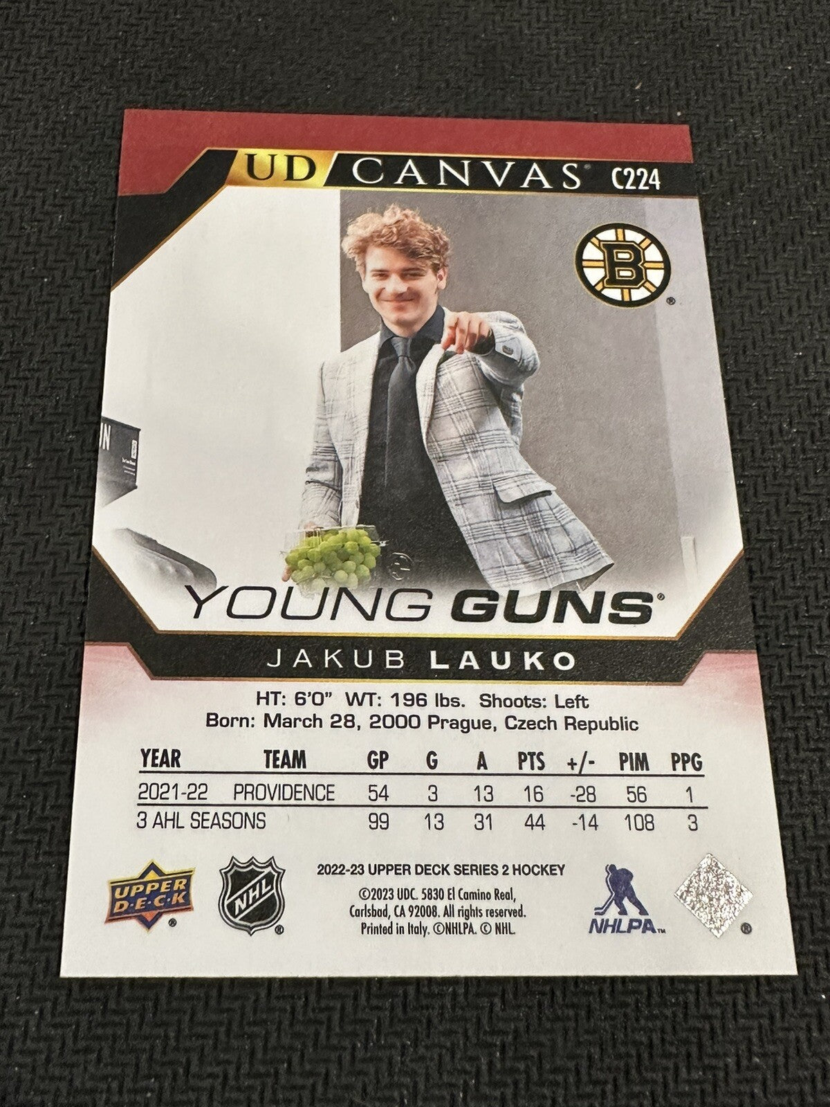2022-23 UD Series 2 Canvas Young Guns #C224 Jakub Lauko - Boston Bruins