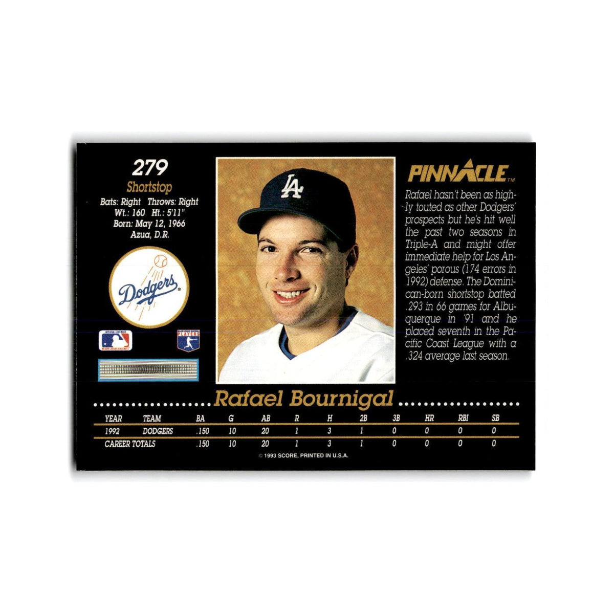 Rafael Bournigal Rookie 1993 Pinnacle #279 Los Angeles Dodgers Baseball Card NM