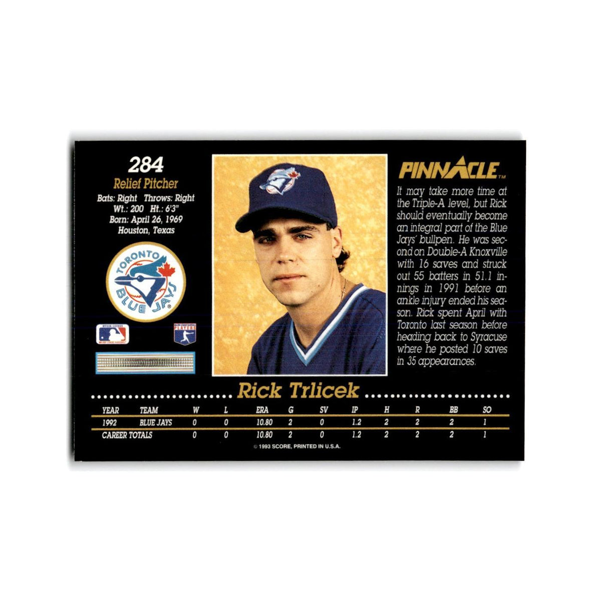 Rick Trlicek Rookie 1993 Pinnacle #284 Toronto Blue Jays Baseball Card NM