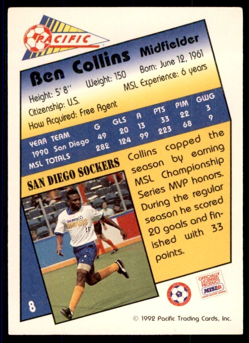 1992 Pacific MSL Ben Collins c San Diego Sockers #8