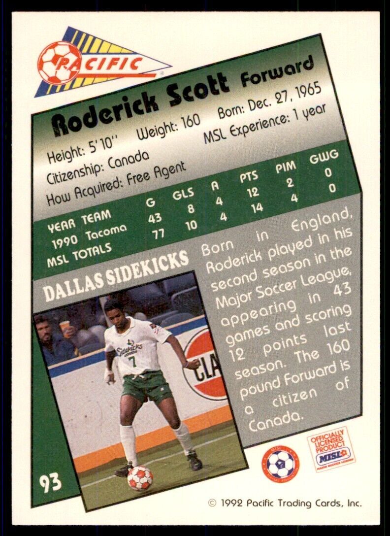 1992 Pacific MSL Roderick Scott b Dallas Sidekicks #93
