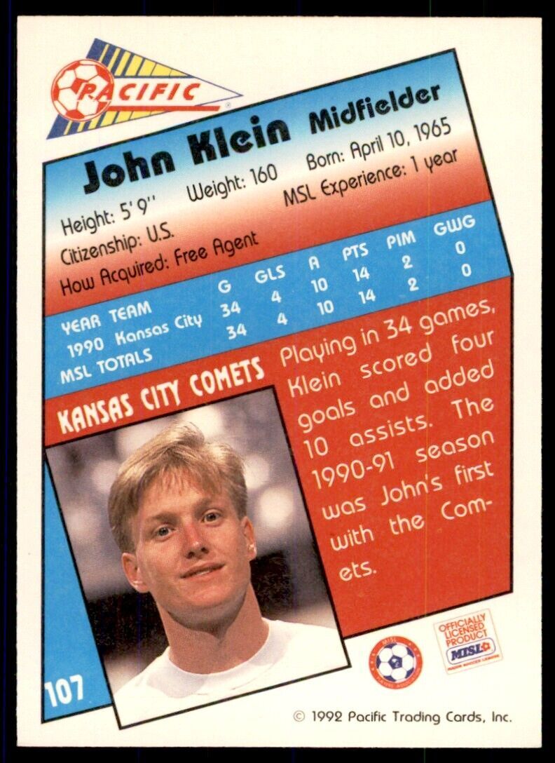 1992 Pacific MSL John Klein Rookie D Kansas City Comets #107