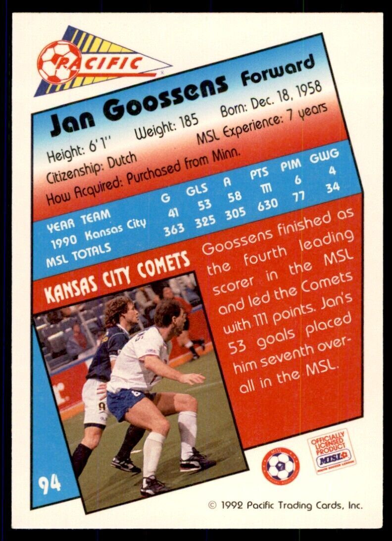 1992 Pacific MSL Jan Goossens a Kansas City Comets #94