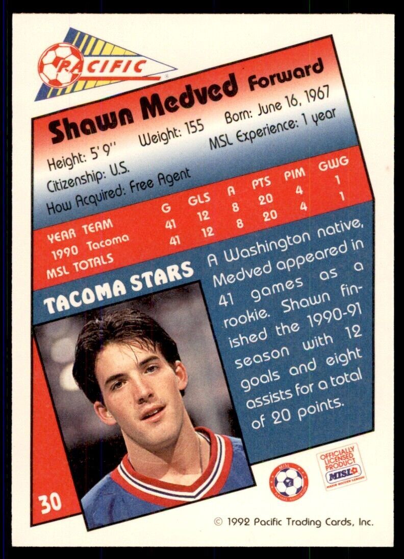 1992 Pacific MSL Shawn Medved Rookie c Tacoma Stars #30