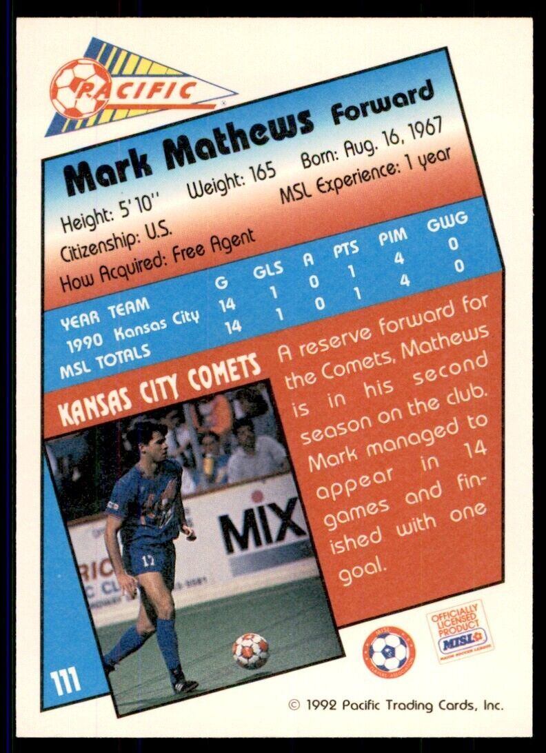 1992 Pacific MSL Mark Mathews Rookie Kansas City Comets #111