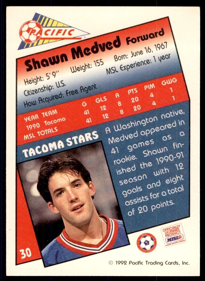 1992 Pacific MSL Shawn Medved Rookie D Tacoma Stars #30