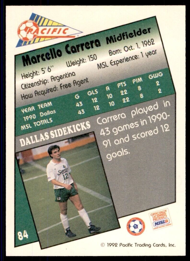 1992 Pacific MSL Marcelo Carrera Rookie a Dallas Sidekicks #84