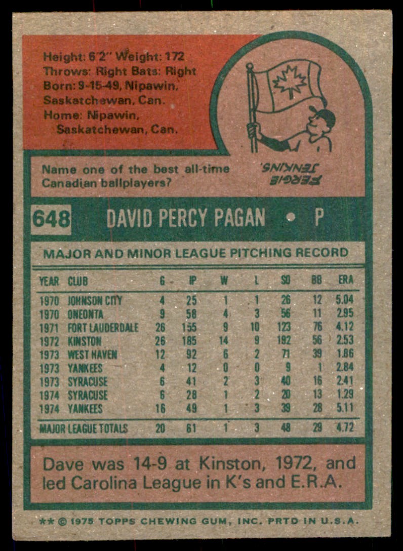 1975 TOPPS DAVE PAGAN ROOKIE NEW YORK YANKEES #648