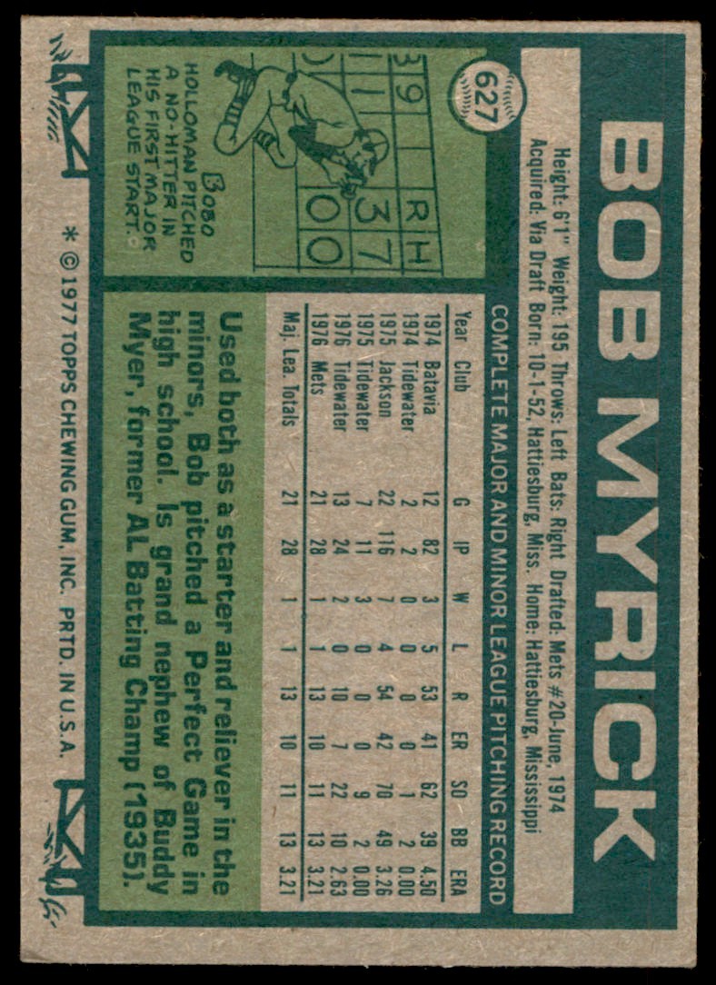 1977 TOPPS BOB MYRICK ROOKIE NEW YORK METS #627