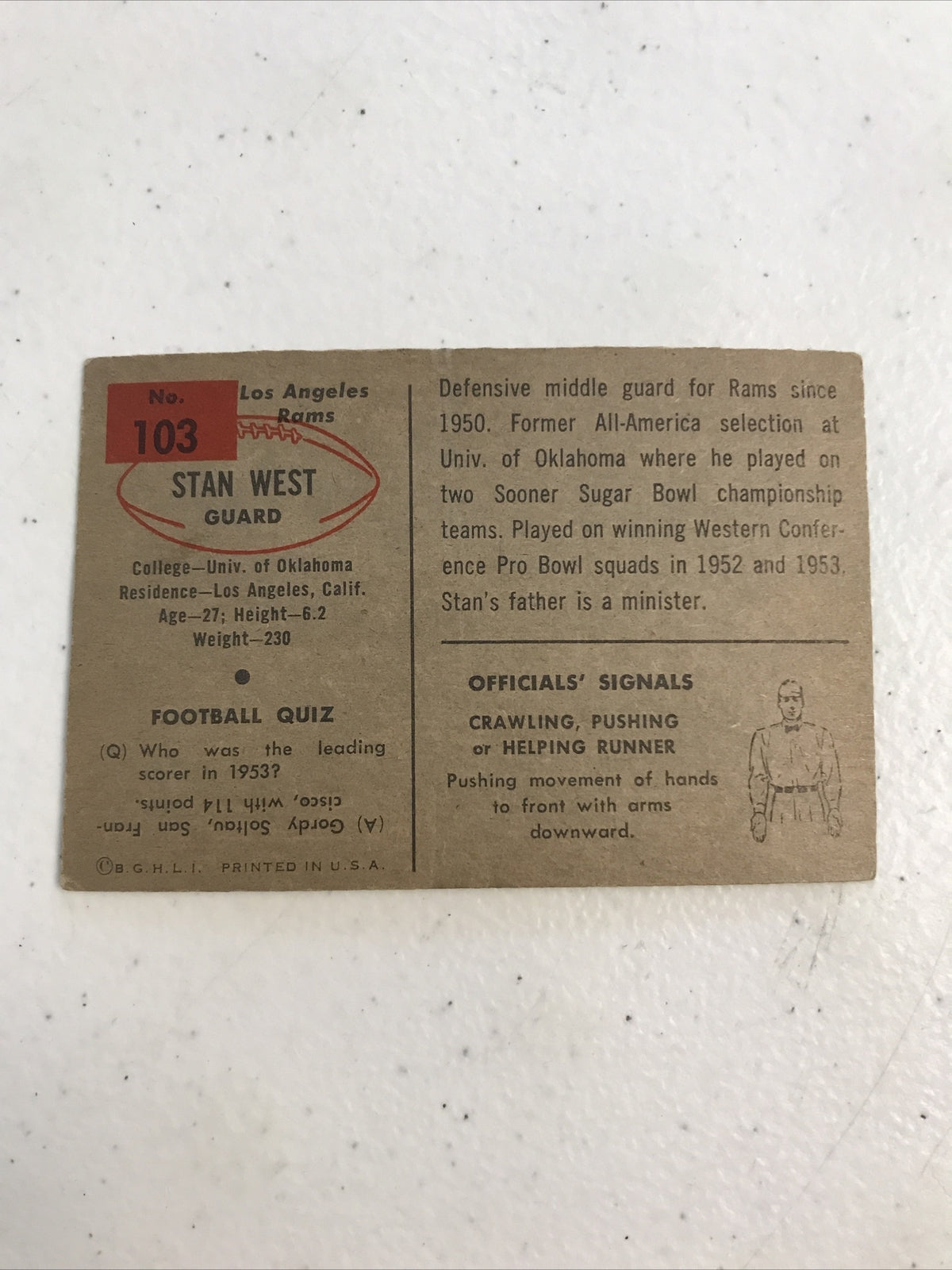 1954 BOWMAN STAN WEST LOS ANGELES RAMS #103