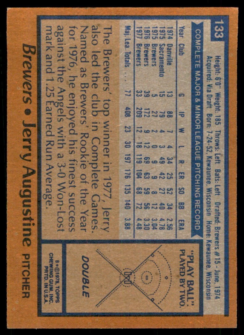 1978 TOPPS JERRY AUGUSTINE MILWAUKEE BREWERS #133