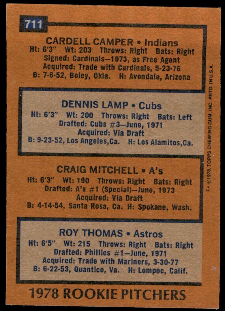 1978 TOPPS ROOKIE PITCHERS - CARDELL CAMPER/DENNIS LAMP/CRAIG MITCHELL/ROY