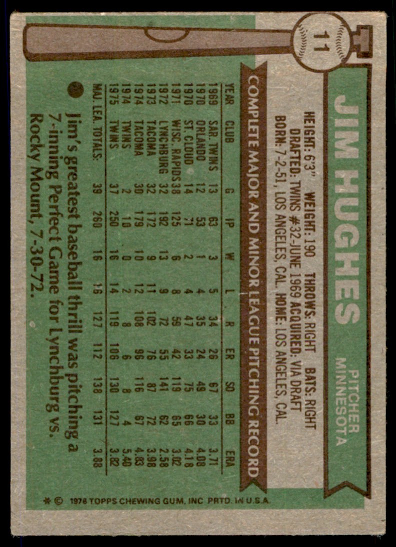 1976 TOPPS JIM HUGHES ROOKIE MINNESOTA TWINS #11