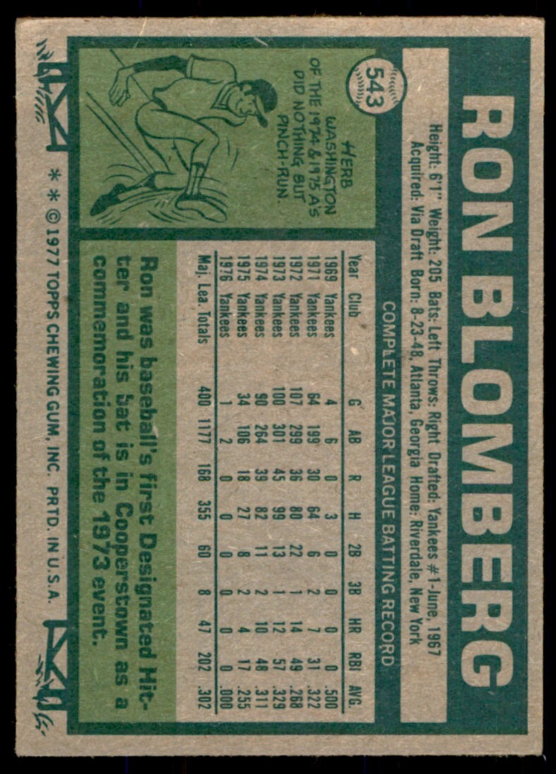 1977 TOPPS RON BLOMBERG NEW YORK YANKEES #543