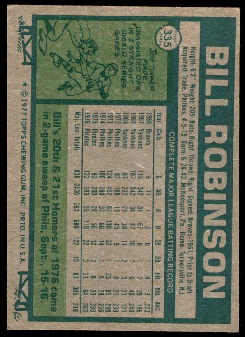 1977 TOPPS BILL ROBINSON PITTSBURGH PIRATES #335